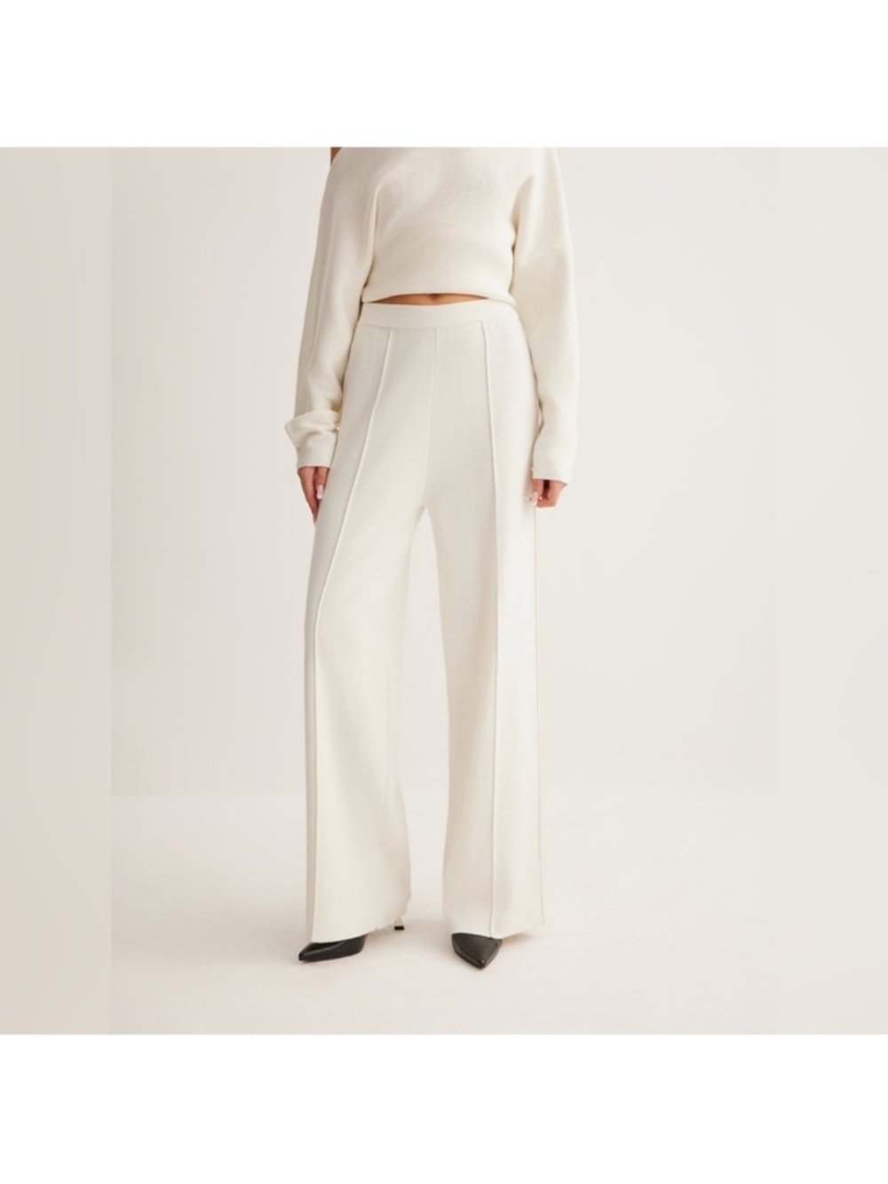 Commense Cream Wide-Leg Knit Trousers